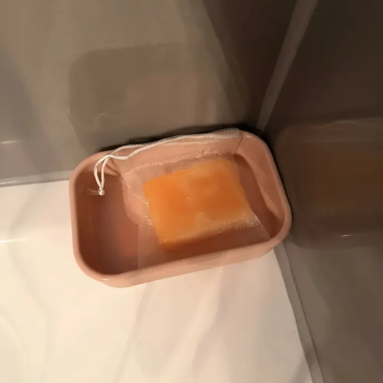 The sana bar on a soap dish in the shower
